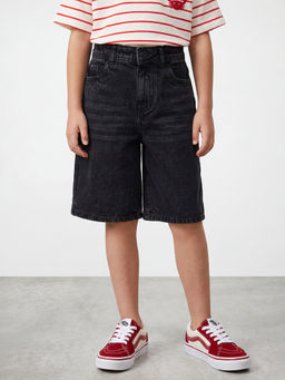 R&B - Black Boys Solid Mid-Rise Knee Length Denim Shorts