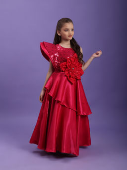 Tiny Kingdom - Satin Woven Sleevless Sequin Floral Applique Detailed Gown