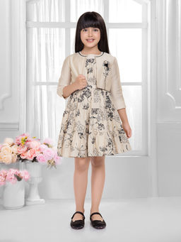 TINY BABY - Cotton Linen 3/4 Sleeves Flower Printed Designed Dress With Jacket And Belt
