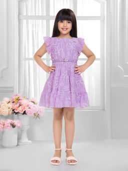 TINY BABY - Synthetic Woven Cap Sleeves Flower Printed Designed Dress With Belt Purple