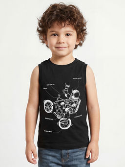 R&B - Boys Black Sleeveless Round Neck Graphic Print T-Shirt
