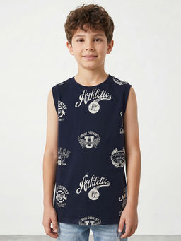 R&B - Boys Navy Blue Sleeveless Round Neck Graphic Print T-Shirt