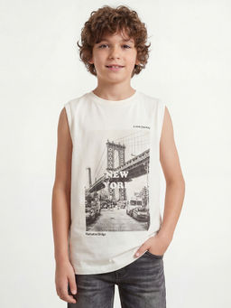 R&B - Boys Off White Sleeveless Round Neck Graphic Print T-Shirt