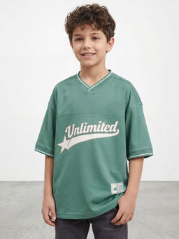 R&B - Boys Green V-Neck Graphic Print T-Shirt