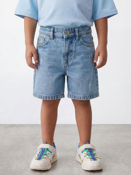 R&B - Blue Boys Solid Mid-Rise Knee Length Denim Shorts