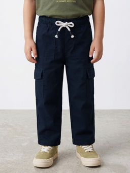 R&B - Navy Blue Solid Boys Regular Fit Mid-Rise Trousers