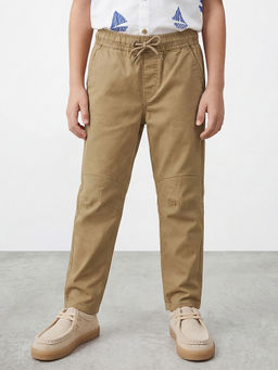 R&B - Beige Solid Boys Regular Fit Mid-Rise Trouser