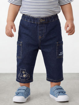 R&B - Boys Dark Blue Wash Bear Embroidered Cargo Jeans