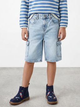 R&B - Blue Boys Solid Mid-Rise Knee Length Denim Shorts