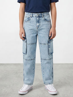 R&B - Boys Light Blue Wash Relaxed Fit Denim Cargo Jeans