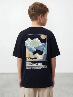 R&B - Boys Navy Blue Round Neck Graphic Back Print T-Shirt