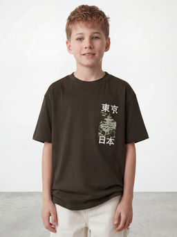 R&B - Boys Olive Round Neck Graphic Back Print T-Shirt