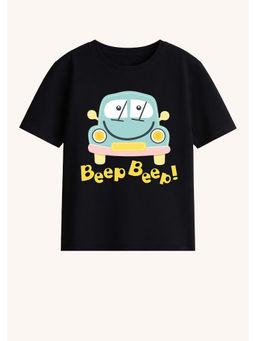 BLUSHES - Cotton Knit Half Sleeves Beep Beep Text Printed T-Shirt - Black