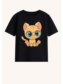 BLUSHES - Cotton Knit Half Sleeves Cat Printed T-Shirt - Black