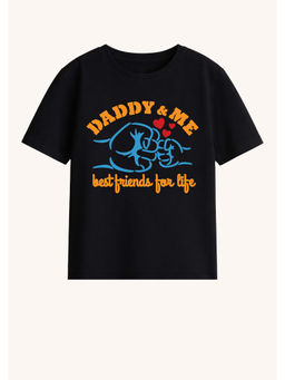 BLUSHES - Cotton Knit Half Sleeves Daddy And Me Text Printed T-Shirt - Black