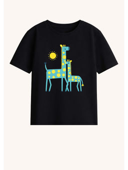BLUSHES - Cotton Knit Half Sleeves Giraffe Printed T-Shirt - Black