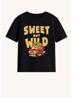 BLUSHES - Cotton Knit Half Sleeve Sweet But Wild Text Printed T-Shirt - Black
