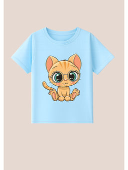 BLUSHES - Cotton Knit Half Sleeves Cat Printed T-Shirt - Aqua Blue