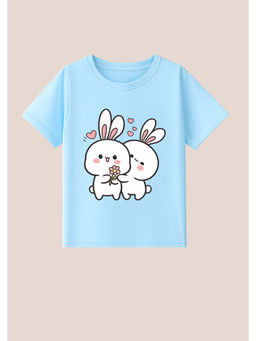 BLUSHES - Cotton Knit Half Sleeve Two Rabbits Printed T-Shirt - Aqua Blue