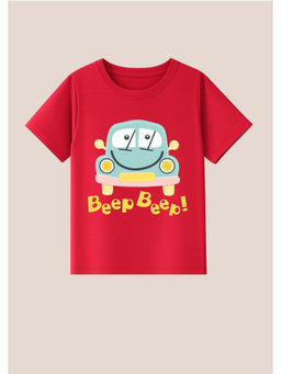 BLUSHES - Cotton Knit Half Sleeves Beep Beep Text Printed T-Shirt - Red