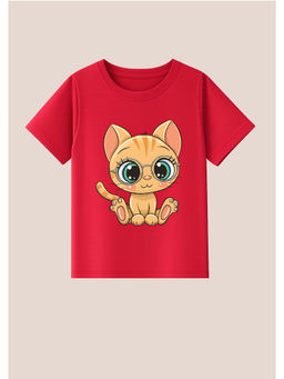 BLUSHES - Cotton Knit Half Sleeves Cat Printed T-Shirt - Red