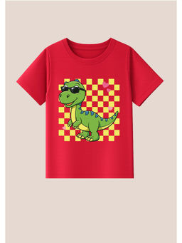 BLUSHES - Cotton Knit Half Sleeves Dinosaur Printed T-Shirt - Red