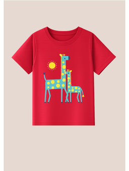 BLUSHES - Cotton Knit Half Sleeves Giraffe Printed T-Shirt - Red