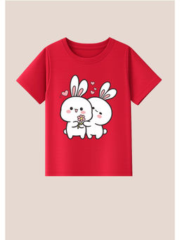 BLUSHES - Cotton Knit Half Sleeve Two Rabbits Printed T-Shirt - Red