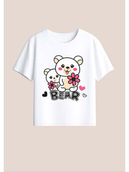 BLUSHES - Cotton Knit Half Sleeves Bear Text Printed T-Shirt - White