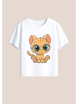 BLUSHES - Cotton Knit Half Sleeves Cat Printed T-Shirt - White