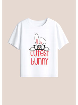 BLUSHES - Cotton Knit Half Sleeves Cutest Bunny Text Printed T-Shirt - White