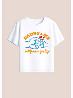 BLUSHES - Cotton Knit Half Sleeves Daddy And Me Text Printed T-Shirt - White
