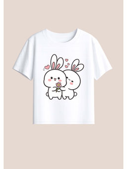 BLUSHES - Cotton Knit Half Sleeve Two Rabbits Printed T-Shirt - White
