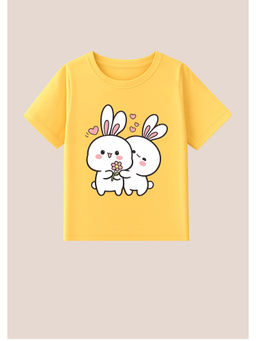 BLUSHES - Cotton Knit Half Sleeve Two Rabbits Printed T-Shirt - Yellow