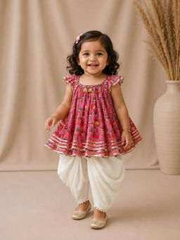 BYB Premium - Girls Floral Printed Kurti And Dhoti Pant With Gota Lace Detailing