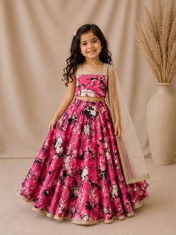 BYB Premium - Girls Raw Silk Floral Lehenga Choli With Dupatta And Lace Detailing