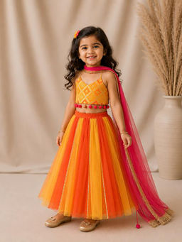 BYB Premium - Chanderi Halter Top Tulle Skirt With Pompom Detailing And Dupatta
