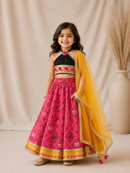 BYB Premium - Girls Printed Lehenga Choli With Halter Neck Blouse And Dupatta
