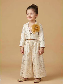 BYB Premium - Girls Embroidered Raw Silk Co-Ord Set with Sequin Work and Floral Brooch