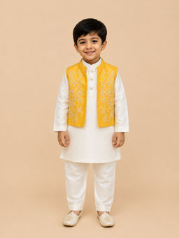 BYB Premium - Yellow And White Pearl Embroidery Raw Silk Kurta Pyjama With Jacket