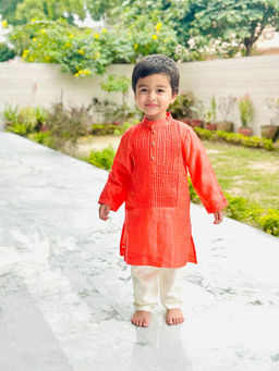 BYB Premium - Boys Bright Peach Tissue Mandarin Collar Kurta With Pyjama