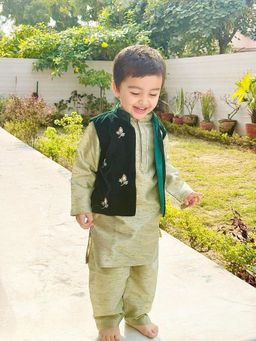 BYB Premium - Boys Sage Raw Silk Kurta Velvet Bandi & Pyjama With Embroidered