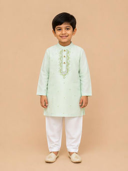 BYB Premium - Boys Light Green Chanderi Kurta Pyjama With Embroidered Yoke