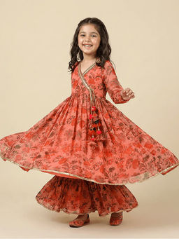 BYB Premium - Girls Floral Printed Sharara Pant With Sleeves Kurta Lace Detailing