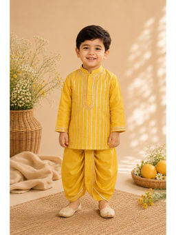 BYB Premium - Boys Mustard Yellow Full Gotta Work Raw Silk Kurta With Dhoti