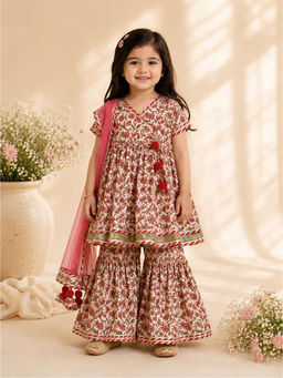 BYB Premium - Girls Jaipur Floral Print Pure Cotton Kurti Sharara With Dupatta