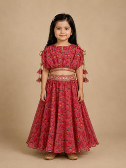 BYB Premium - Girls Pink Lotus Printed Georgette Top And Skirt