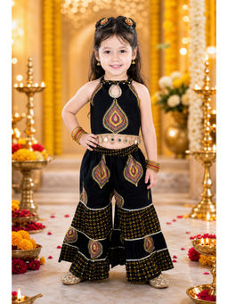 Titrit - Cotton Woven Sleeveless Printed Kurti And Sharara - Black