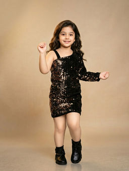 Titrit - Velvet Sequined One Side Shoulder Dress -Black