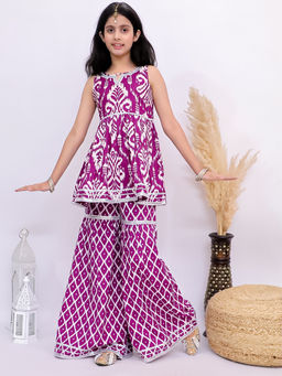 Titrit - Cotton Woven Sleeveless Printed Kurti And Sharara - Purple